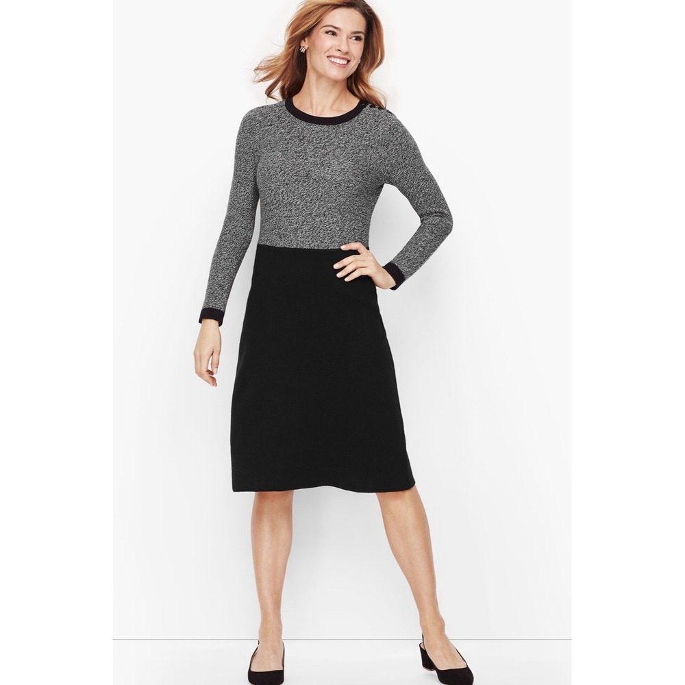 Talbots Women's Black Gray Marled Colorblock Sweater Dress Knit Size XL Petite